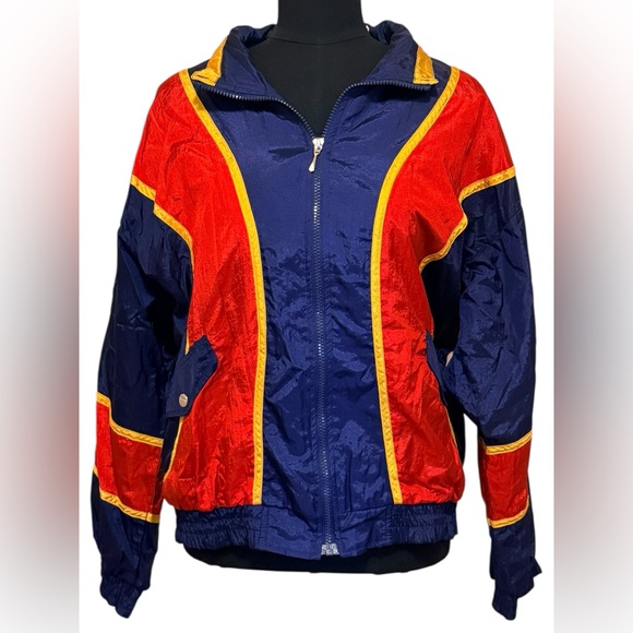 Vintage Retro Athletic Works Navy and Red Track Windbreaker Jacket - Picture 2 of 7
